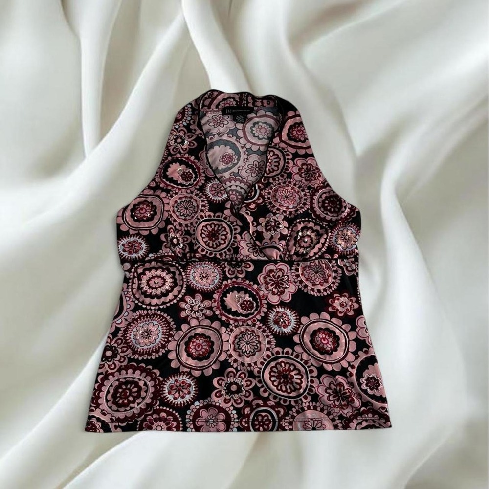 INC sequin pink floral babydoll tank‎ top y2k mcbling office siren